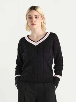 RAREISM - Women Jacqi Black Cotton Plain V Neck Relaxed Fit Sweater