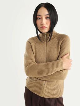 RAREISM - Women Jaggero Dark Beige Acrylic High Neck Relaxed Fit Plain Jacket