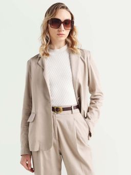 RAREISM - Women Linzy-T Beige Linen Full Sleeve Lapel Neck Regular Plain Blazer
