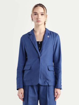 RAREISM - Women Linzy-T Blue Linen Full Sleeve Lapel Neck Regular Plain Blazer