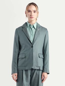 RAREISM - Women Linzy-T Dusky Green Linen Full Sleeve Lapel Neck Regular Plain Blazer