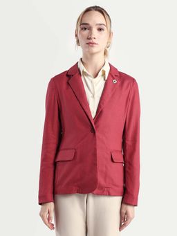 RAREISM - Women Linzy-T Red Linen Full Sleeve Lapel Neck Regular Plain Blazer