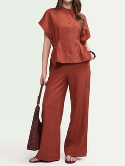 RAREISM - Women Mappy-B Rust Linen Blend Wide Plain Trouser