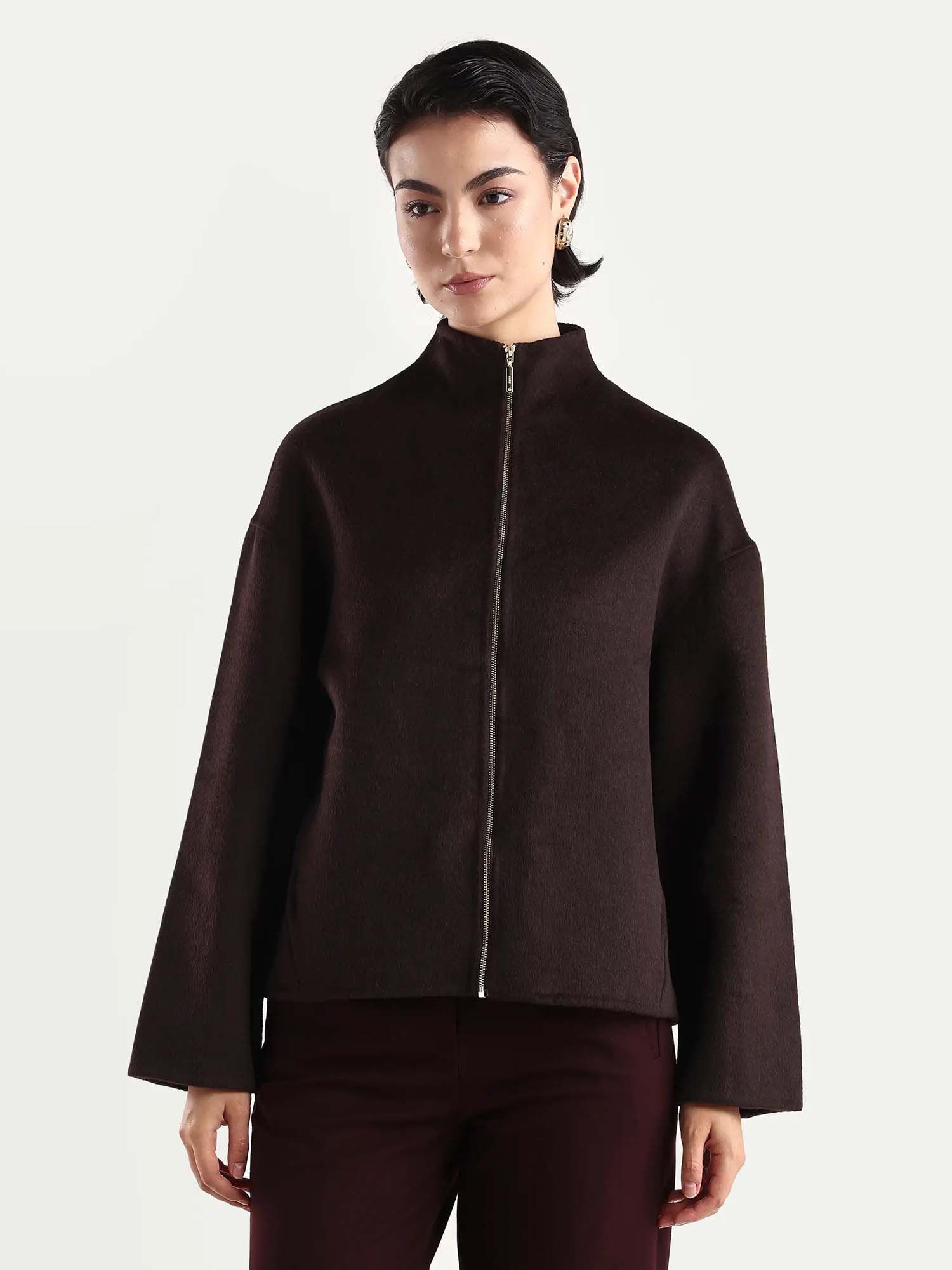 rareism Women Newool Prune Polyester Blend High Neck Regular Fit Jacket-picture-39