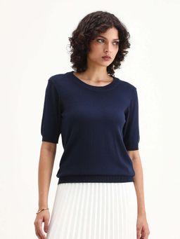 RAREISM - Women Rohrdo Dark Navy Viscose Blend Crew Neck Regular Fit Plain Sweater