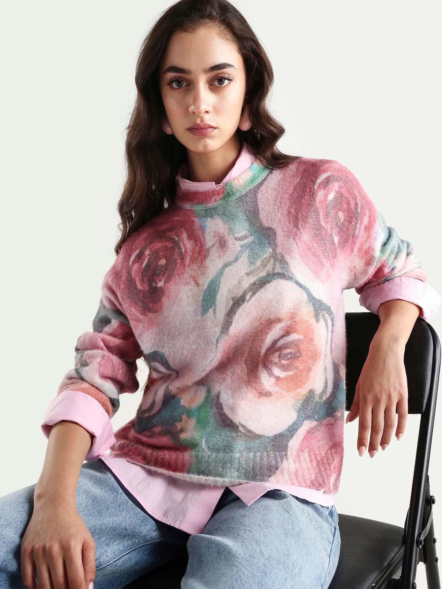 rareism Women Siri-R Dusky Multi Acrylic Blend Relaxed Fit Printed Sweater-picture-11