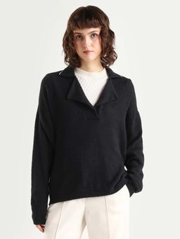RAREISM - Women Sirnako Black Acrylic Spread Collar Relaxed Fit Plain Sweater