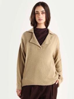 RAREISM - Women Sirnako Light Beige Acrylic Spread Collar Relaxed Fit Plain Sweater