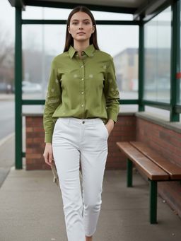 ZUMMER - Cotton Olive Floral Embroidered Shirt
