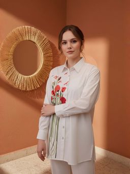 ZUMMER - Cotton White Floral Embroidered Shirt