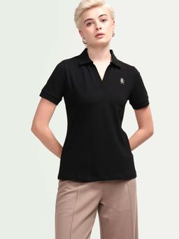 RAREISM - Women Zavin Black Cotton Blend Half Sleeve Regular Fit Plain Polo T-Shirt