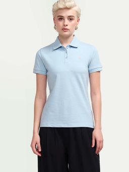 RAREISM - Women Zonrad Light Blue Cotton Blend Half Sleeve Regular Fit Plain Polo T-Shirt