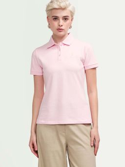 RAREISM - Women Zonrad Light Pink Cotton Blend Half Sleeve Regular Fit Plain Polo T-Shirt