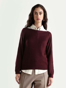 RAREISM - Women Zula Dark Maroon Acrylic Blend Boat Neck Relaxed Fit Plain Sweater