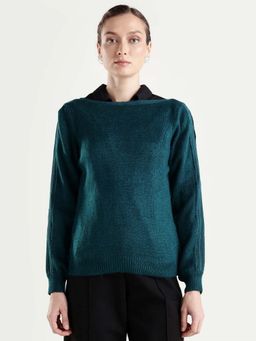 RAREISM - Women Zula Dark Teal Acrylic Blend Boat Neck Relaxed Fit Plain Sweater