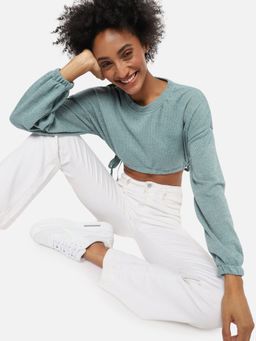 Campus Sutra - Womens Cotton Solid Green Regular Fit Cropped Sweatshirt