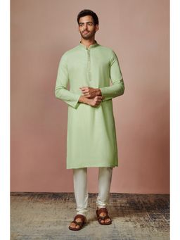 Manyavar - Green Cotton Mandarin Collar Kurta with Pencil Pajama (Set of 2)