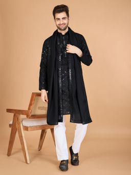 Odette - Men Black Viscose Silk Sequins Stitched Kurta with Dupatta (Set of 2)