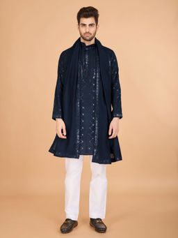 Odette - Men Navy Blue Viscose Silk Sequins Stitched Kurta with Dupatta (Set of 2)