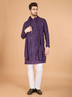 Odette - Men Purple Viscose Silk Sequins Stitched Kurta with Dupatta (Set of 2)