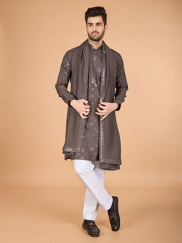 Odette - Men Brown Viscose Silk Sequins Stitched Kurta with Dupatta (Set of 2)