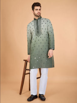 Odette - Men Green Viscose Silk Sequins Stitched Kurta