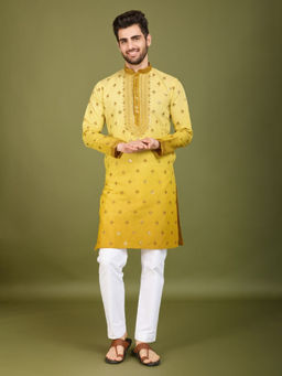 Odette - Men Yellow Viscose Silk Sequins Stitched Kurta