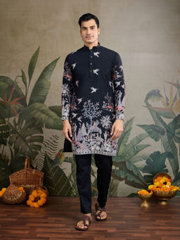 Odette - Men Black Viscose Silk Embroidered Stitched Kurta