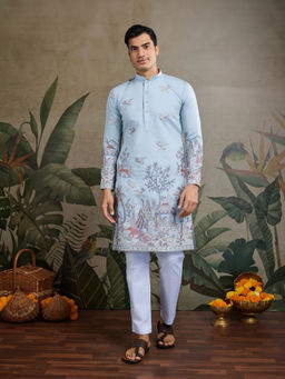 Odette - Men Sky Blue Viscose Silk Embroidered Stitched Kurta