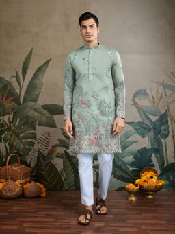Odette - Men Green Viscose Silk Embroidered Stitched Kurta
