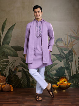 Odette - Men Lavender Viscose Rayon Embellished Stitched Kurta with Dupatta (Set of 2)