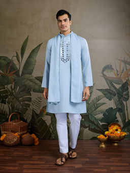 Odette - Men Sky Blue Viscose Silk Embellished Stitched Kurta with Dupatta (Set of 2)