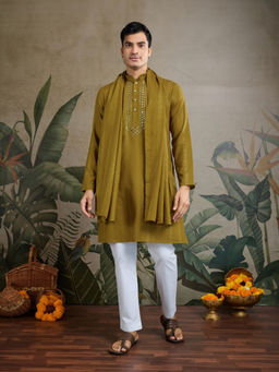 Odette - Men Mustard Viscose Rayon Embellished Stitched Kurta with Dupatta (Set of 2)