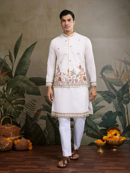 Odette - Men White Cotton Blend Embroidered Stitched Kurta with Jacket (Set of 2)
