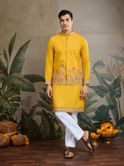 Odette - Men Yellow Cotton Blend Embroidered Stitched Kurta with Jacket (Set of 2)