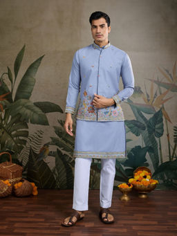 Odette - Men Sky Blue Cotton Blend Embroidered Stitched Kurta with Jacket (Set of 2)