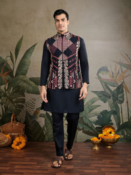 Odette - Men Black Viscose Silk Embroidered Stitched Kurta with Jacket (Set of 2)