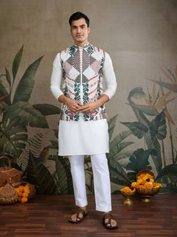 Odette - Men White Viscose Silk Embroidered Stitched Kurta with Jacket (Set of 2)