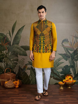 Odette - Men Yellow Viscose Silk Embroidered Stitched Kurta with Jacket (Set of 2)