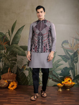 Odette - Men Grey Viscose Silk Embroidered Stitched Kurta with Jacket (Set of 2)