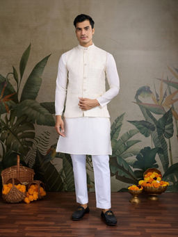 Odette - Men Off White Viscose Silk Woven Stitched Kurta with Jacket (Set of 2)