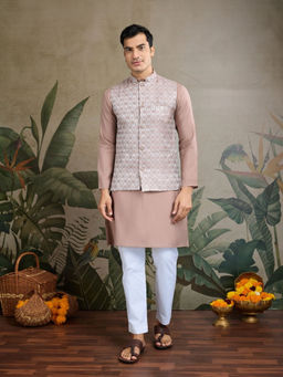Odette - Men Mauve Viscose Silk Woven Stitched Kurta with Jacket (Set of 2)