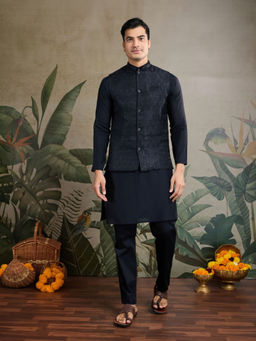 Odette - Men Black Viscose Silk Woven Stitched Kurta with Jacket (Set of 2)