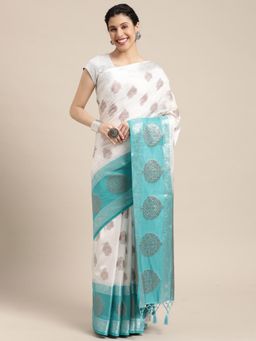 Mimosa - Women's Kanjivaram Art Silk White Saree with Unstitched Blouse