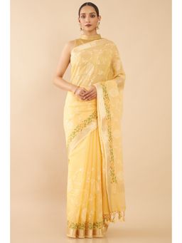 Soch - Women Yellow Kota Embroidered Saree with Unstitched Blouse