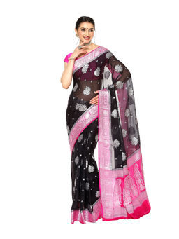 Banarasi Silk Works - Black Chiffon Georgette Silver Zari Booti Border Saree with Unstitched Blouse
