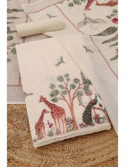 Soch - Womens Cream Linen Botanical Unstitched Kurta with Bottom and Dupatta