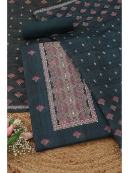 Soch - Womens Teal Green Chanderi Floral Unstitched Kurta with Bottom and Dupatta