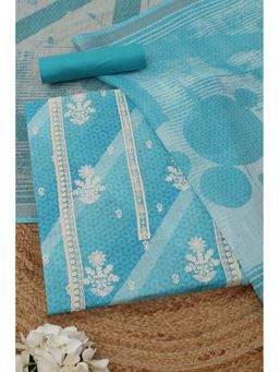 Soch - Womens Powder Blue Linen Floral Unstitched Kurta with Bottom and Dupatta