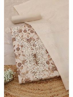 Soch - Womens Beige Modal Silk Botanical Unstitched Kurta with Bottom and Dupatta